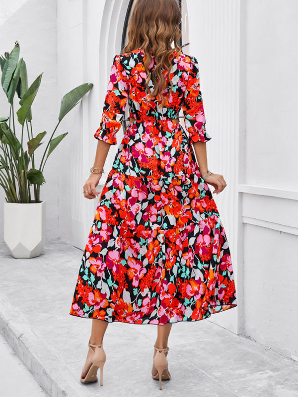 Neues lässiges Urlaubskleid mit Print, V-Ausschnitt und Schlitz für Frühling und Sommer 