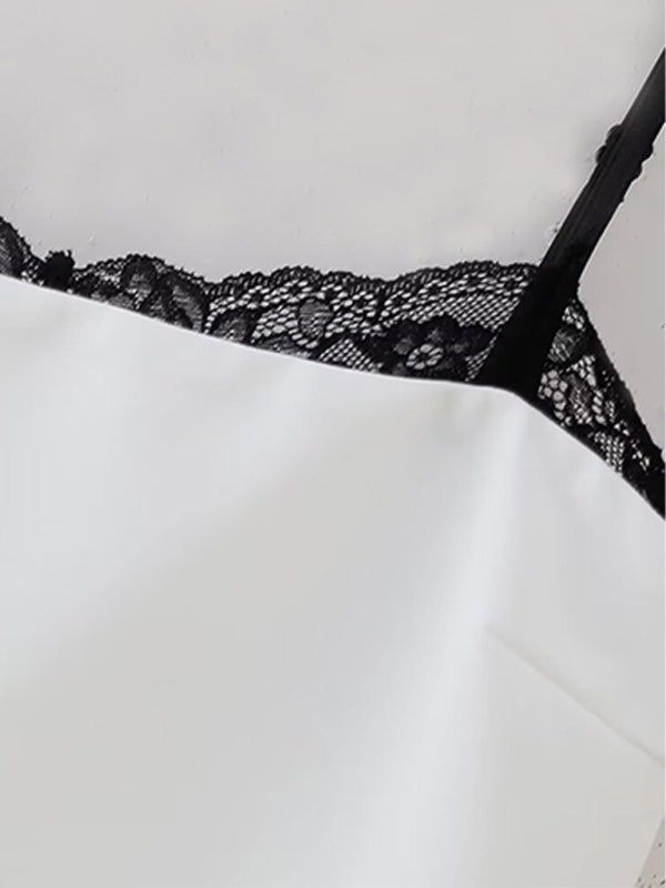 Modisches, kurzes, weißes Trägerkleid mit Spitzeneinsatz für Damen 