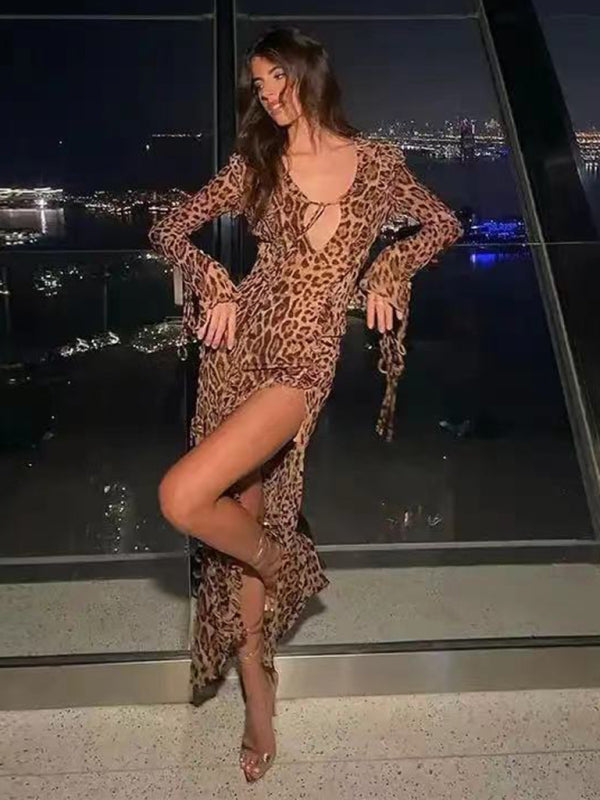 Neuer, sexy langer Rock mit Leopardenmuster, Rüschenschlitz vorne und langen Ärmeln 