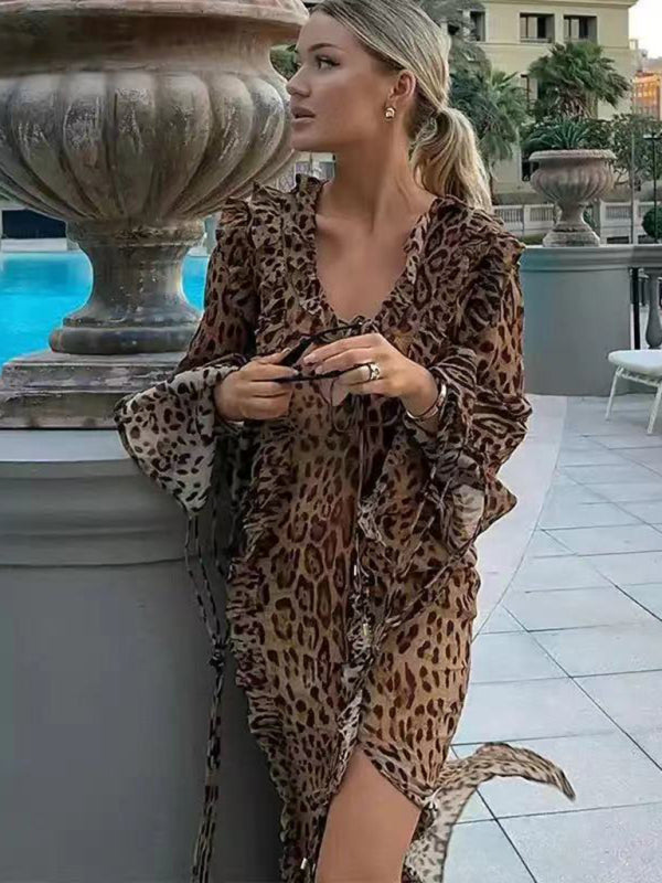 Neuer, sexy langer Rock mit Leopardenmuster, Rüschenschlitz vorne und langen Ärmeln 