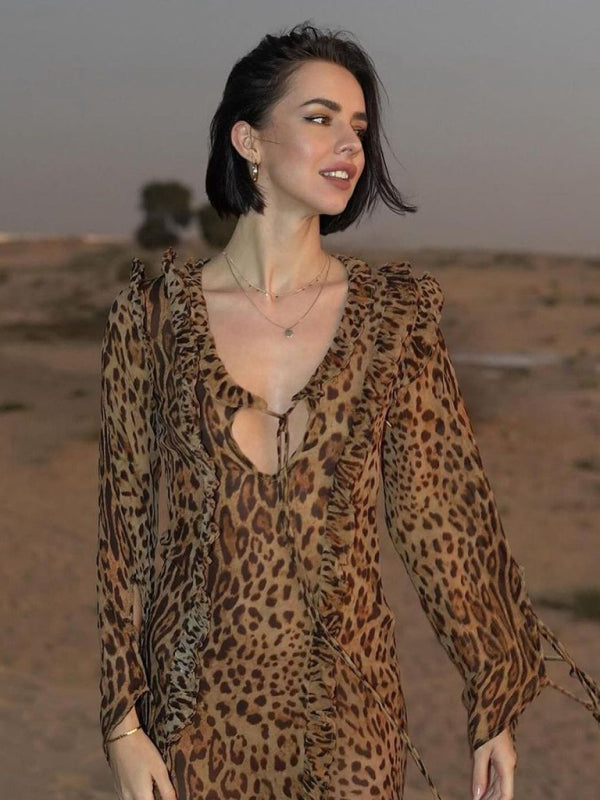 Neuer, sexy langer Rock mit Leopardenmuster, Rüschenschlitz vorne und langen Ärmeln 