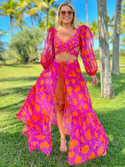 Neues, stylisches und sexy bedrucktes dreiteiliges Bikini-Set mit langen Ärmeln für den Urlaub (Oberteil + Hose + Rock) 