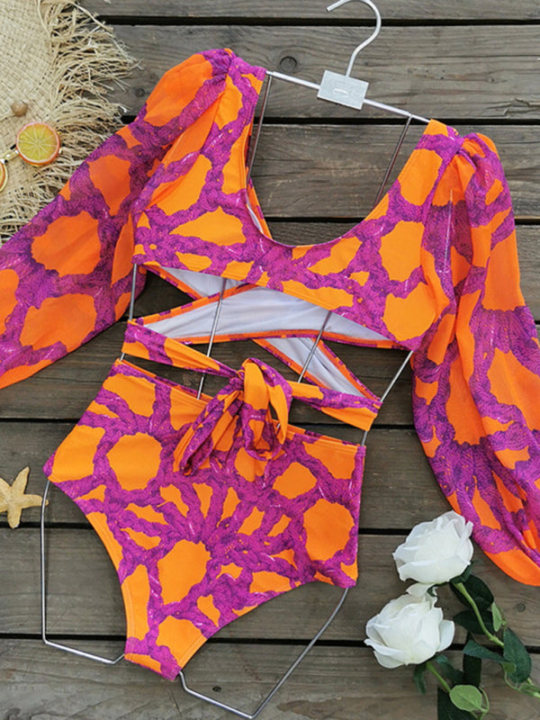 Neues, stylisches und sexy bedrucktes dreiteiliges Bikini-Set mit langen Ärmeln für den Urlaub (Oberteil + Hose + Rock) 