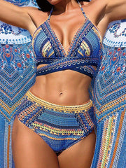 Neuer Bikini mit Digitaldruck, Badeanzug mit Schalkragen, Strand-Badeanzug mit hohem Bund, dreiteiliges Set 