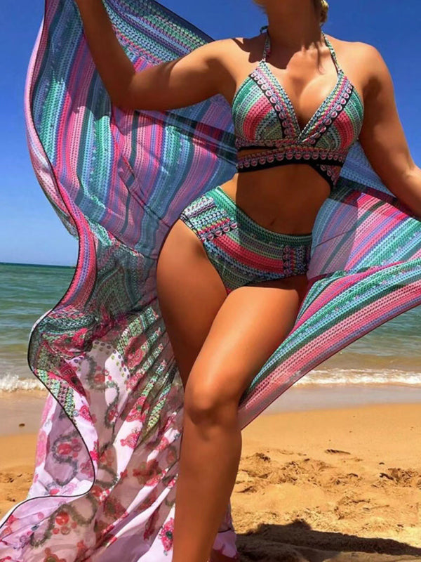 Neuer Bikini mit Digitaldruck, Badeanzug mit Schalkragen, Strand-Badeanzug mit hohem Bund, dreiteiliges Set 