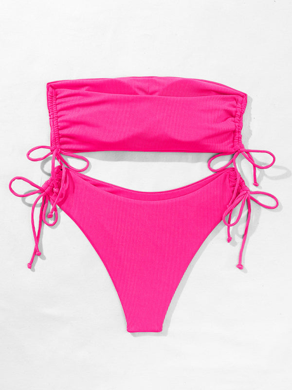Neuer Bandeau-Bikini mit geteilten Trägern, einfarbig, sexy, mehrfarbiger Badeanzug 