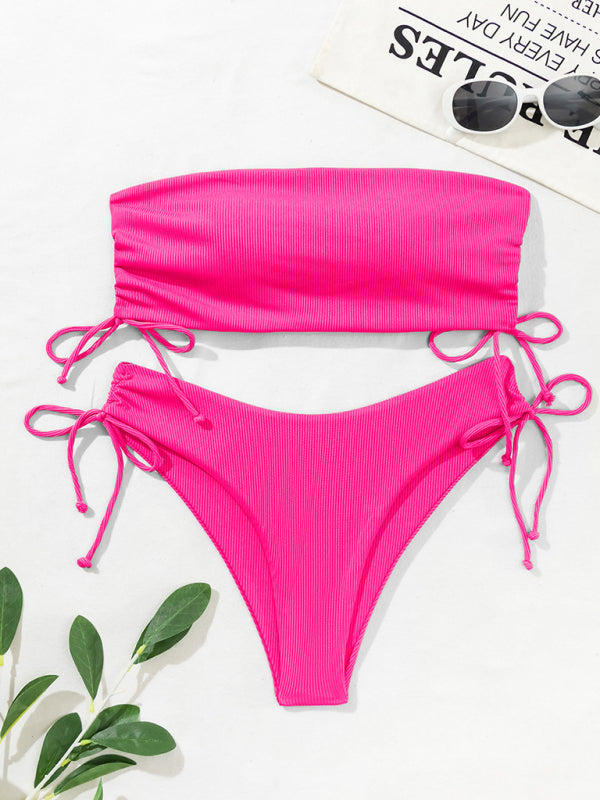 Neuer Bandeau-Bikini mit geteilten Trägern, einfarbig, sexy, mehrfarbiger Badeanzug 