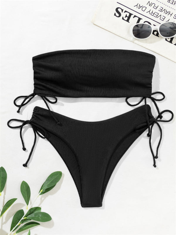 Neuer Bandeau-Bikini mit geteilten Trägern, einfarbig, sexy, mehrfarbiger Badeanzug 