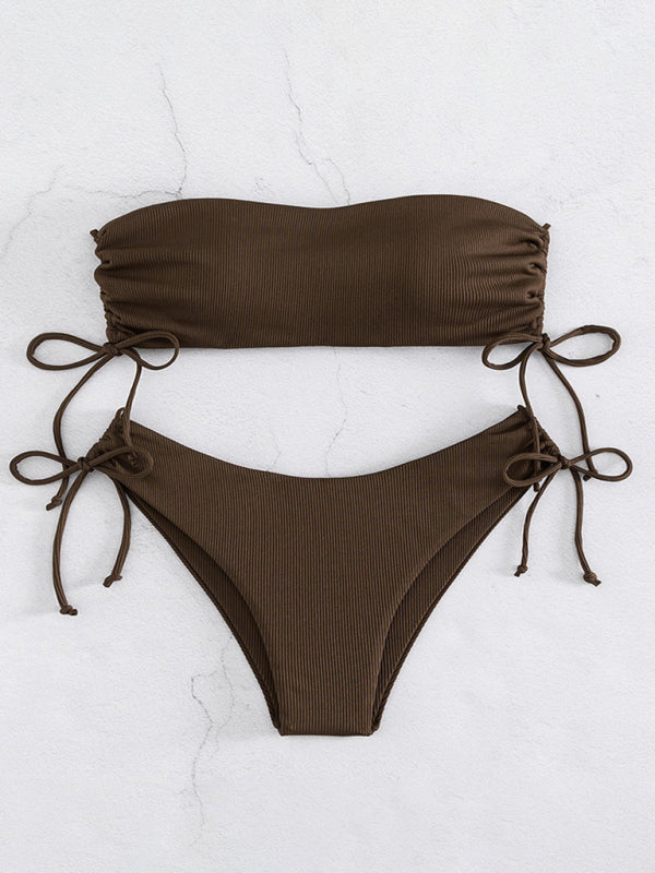 Neuer Bandeau-Bikini mit geteilten Trägern, einfarbig, sexy, mehrfarbiger Badeanzug 