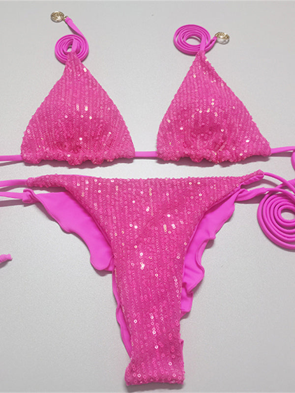 Neuer, mehrfarbiger Bikini mit Pailletten, Triangel-Trägern 