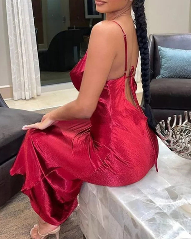 Nouvelle robe de soirée sexy unie sans bretelles, dos nu et col montant 