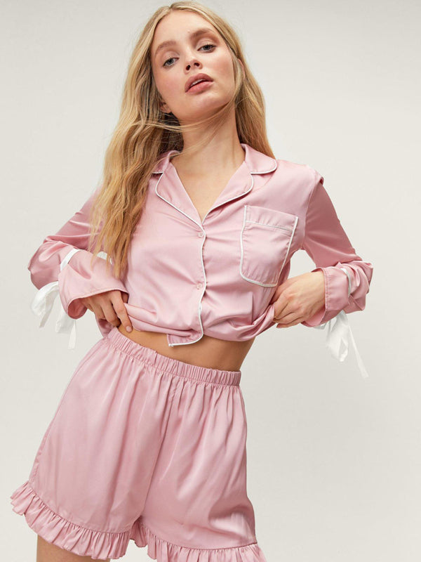 Neues, modisches Set aus langärmeligen Shorts mit Reverskragen, das als Hauskleidung und Pyjama getragen werden kann. 