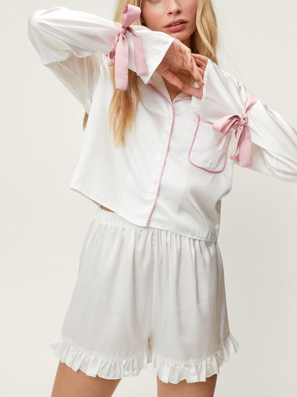 Neues, modisches Set aus langärmeligen Shorts mit Reverskragen, das als Hauskleidung und Pyjama getragen werden kann. 