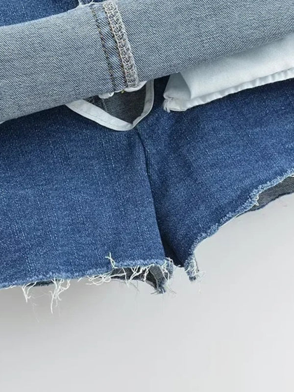 Heißer, hochtaillierter, elastischer, hüftbedeckender, figurbetonter A-Linien-Jeansrock mit offener Kante und blickdichtem Saum. 