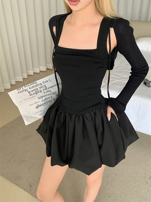 Neues, flauschiges, tailliertes, ärmelloses Westenkleid mit eckigem Ausschnitt und passendem Rock 