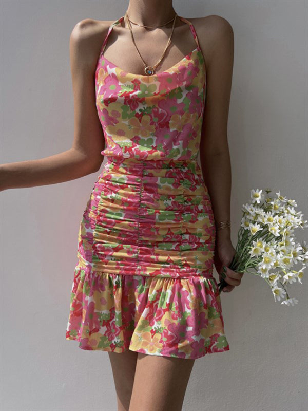 Neues Damenkleid mit Blumenmuster und Hüftgurten 
