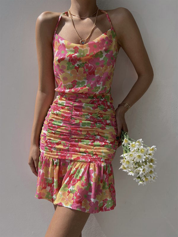 Neues Damenkleid mit Blumenmuster und Hüftgurten 