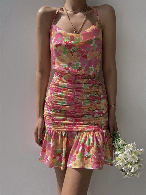 Neues Damenkleid mit Blumenmuster und Hüftgurten 