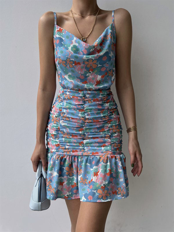 Neues Damenkleid mit Blumenmuster und Hüftgurten 
