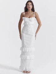 Neues sexy Damenkleid, weiß, mit Klettverschluss-Trägern, langem Rock, schmal geschnitten, französisches Kleid 