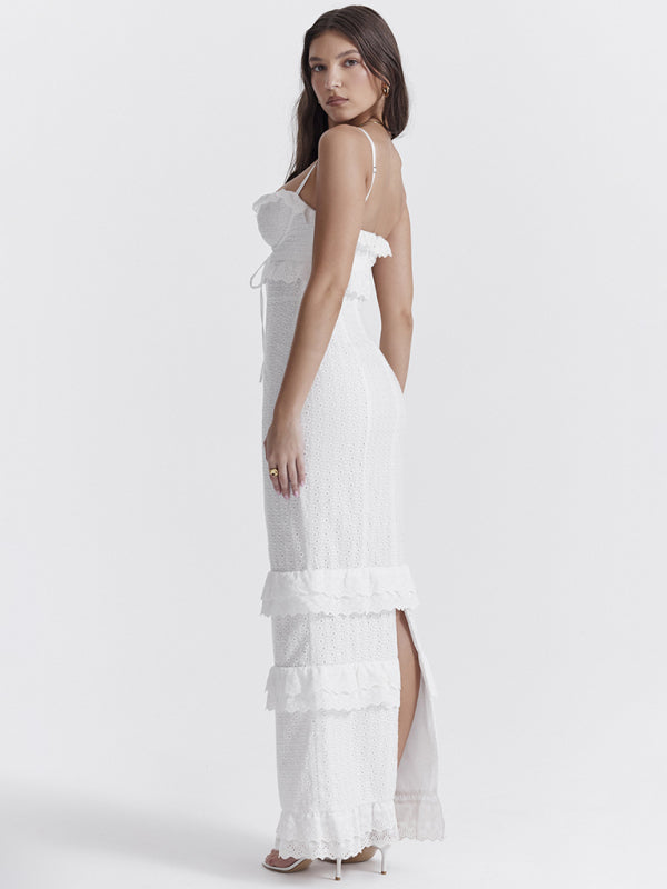 Neues sexy Damenkleid, weiß, mit Klettverschluss-Trägern, langem Rock, schmal geschnitten, französisches Kleid 
