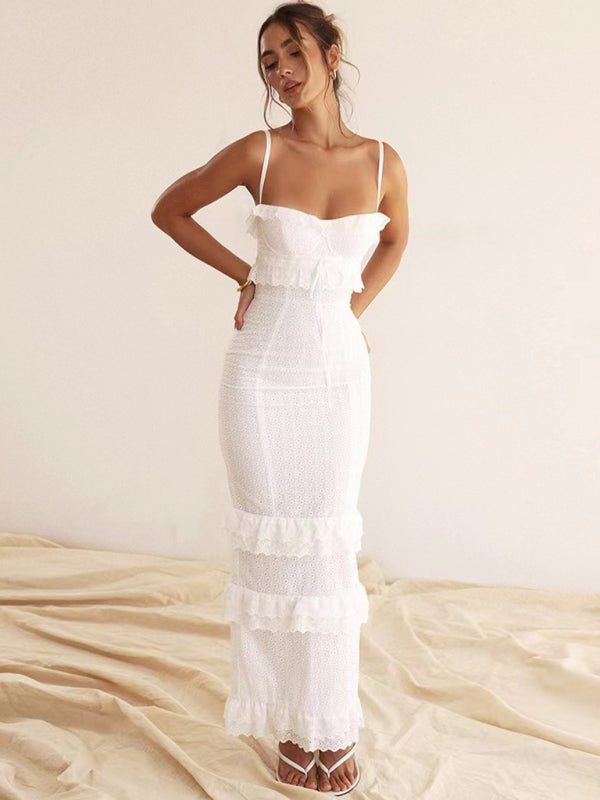 Neues sexy Damenkleid, weiß, mit Klettverschluss-Trägern, langem Rock, schmal geschnitten, französisches Kleid 