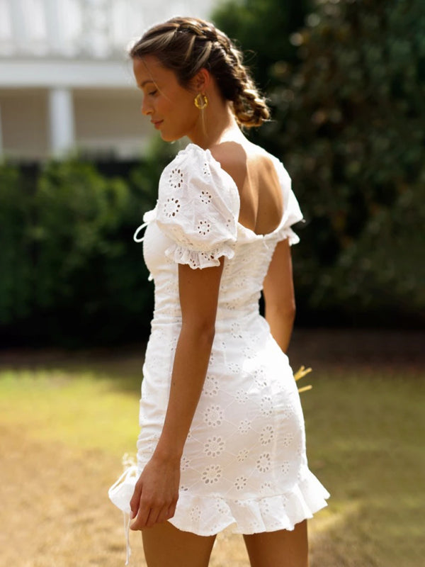 Robe courte plissée à col en V, moulante et à lacets, pour femme. 