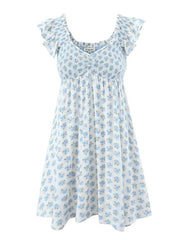 Neues, modisches Kleid mit fliegenden Ärmeln, elastischem Faltenrock, V-Ausschnitt und blauem Blumenmuster 