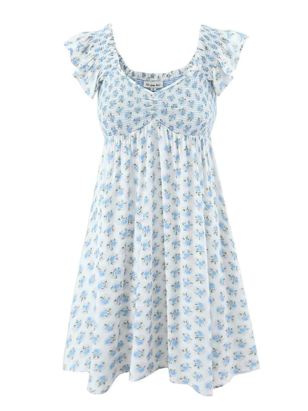 Neues, modisches Kleid mit fliegenden Ärmeln, elastischem Faltenrock, V-Ausschnitt und blauem Blumenmuster 