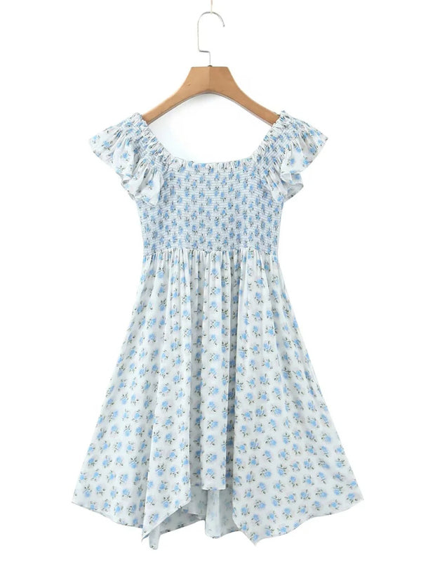 Neues, modisches Kleid mit fliegenden Ärmeln, elastischem Faltenrock, V-Ausschnitt und blauem Blumenmuster 