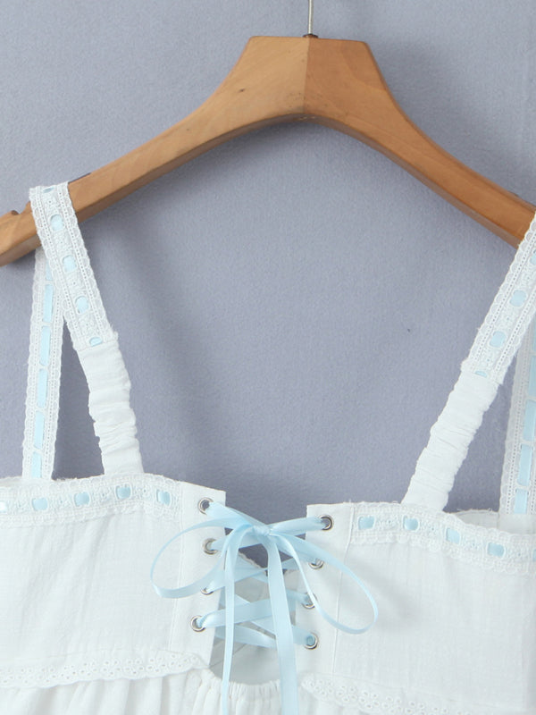 Neues süßes Minikleid mit eckigem Ausschnitt und Spitzenträgern 