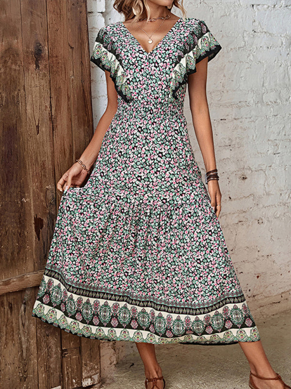 Robe imprimée à volants et col en V pour femme 