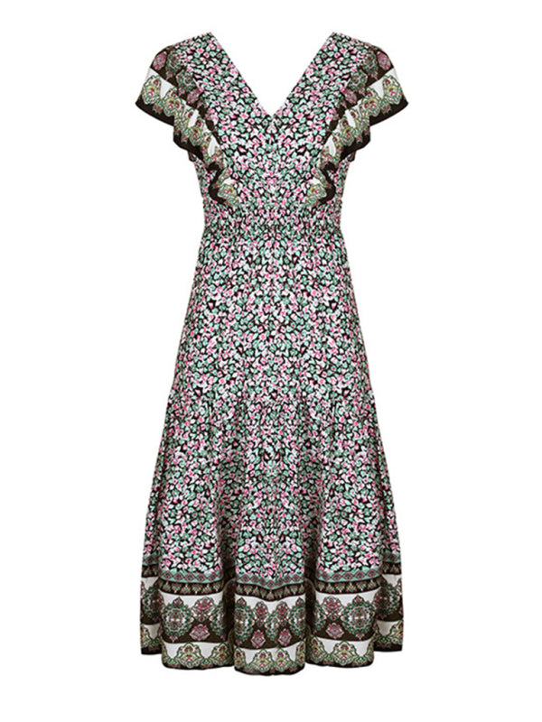 Robe imprimée à volants et col en V pour femme 