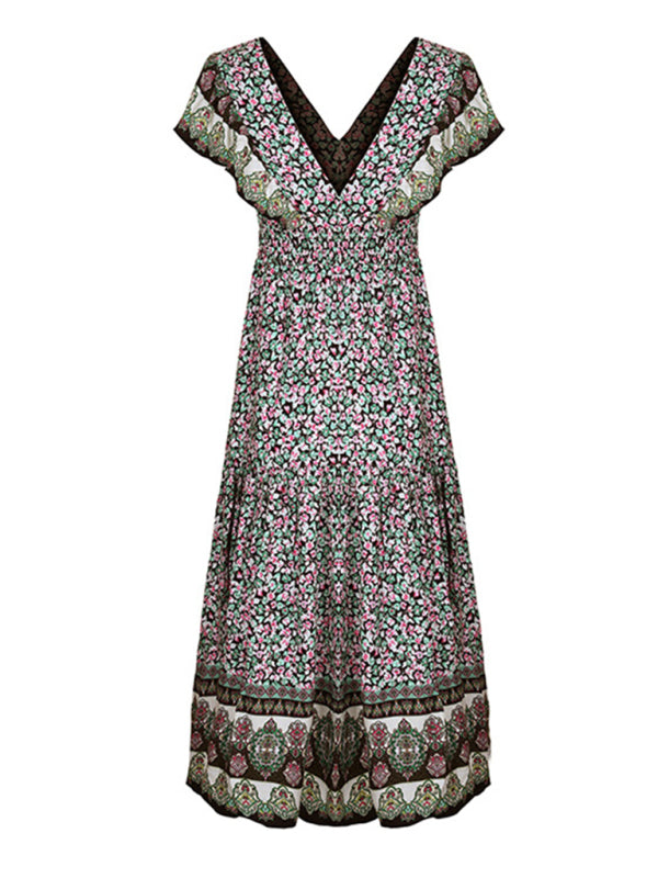 Robe imprimée à volants et col en V pour femme 