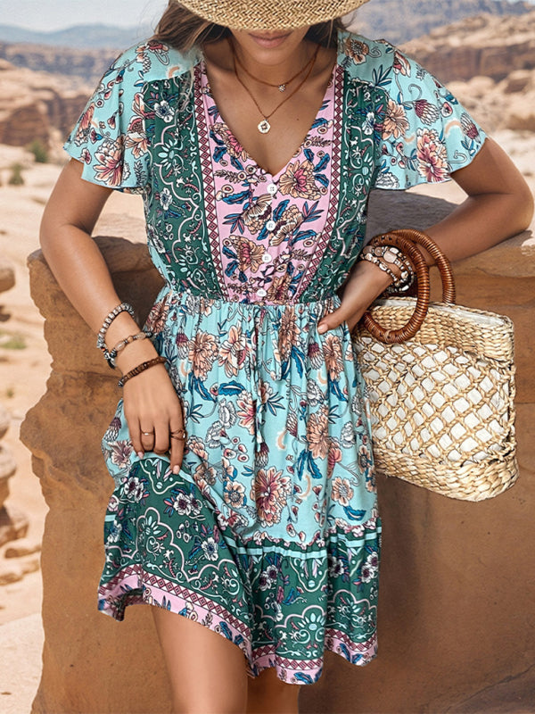 Nouvelle robe bohème à col en V pour femme 
