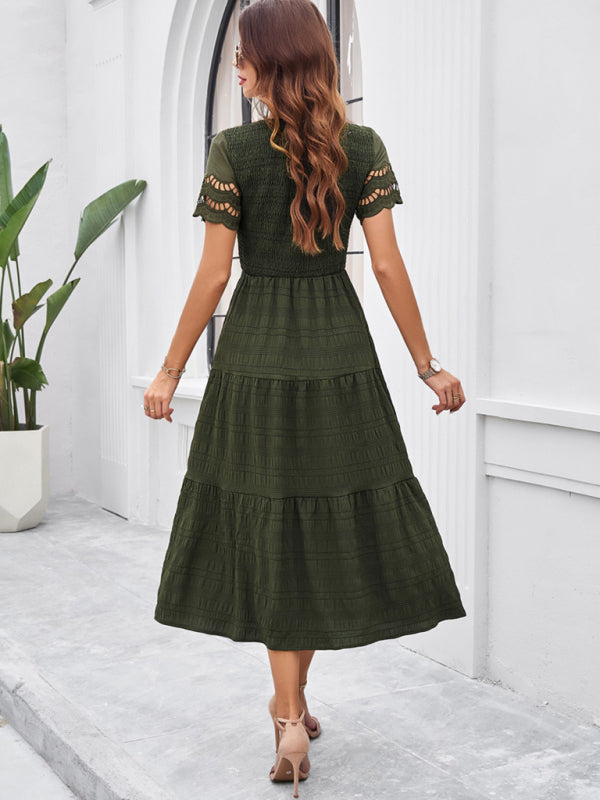 Neues einfarbiges Kurzarmkleid mit V-Ausschnitt 