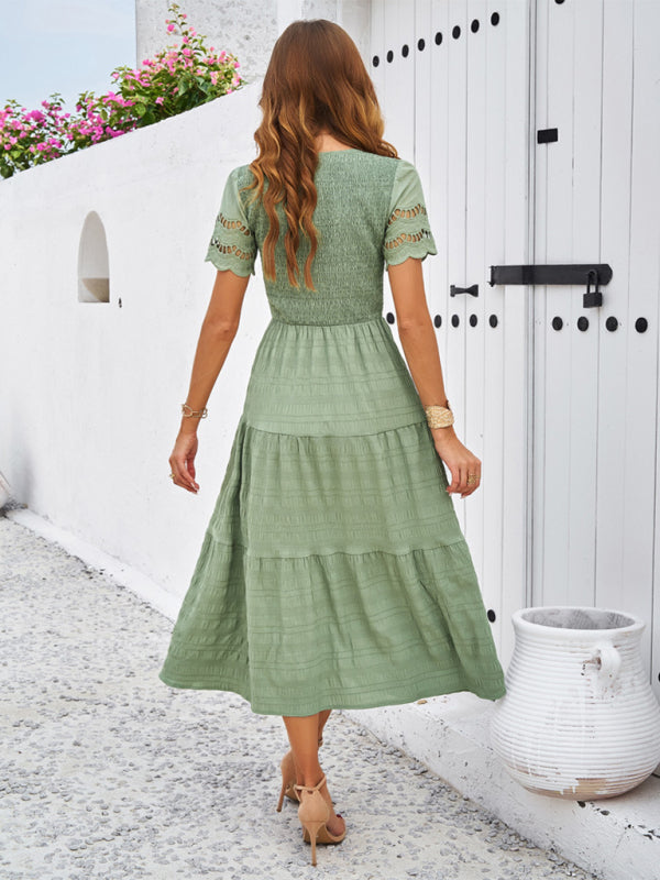 Neues einfarbiges Kurzarmkleid mit V-Ausschnitt 