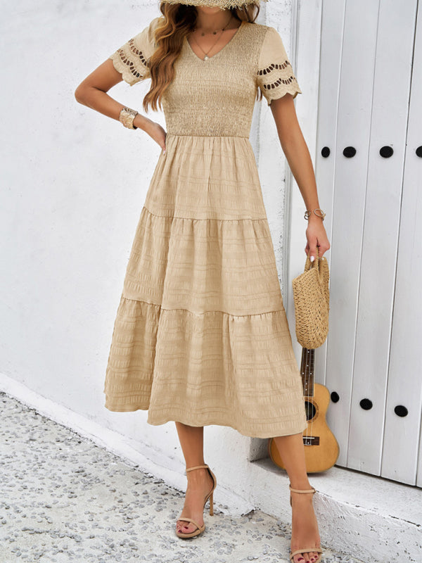Neues einfarbiges Kurzarmkleid mit V-Ausschnitt 