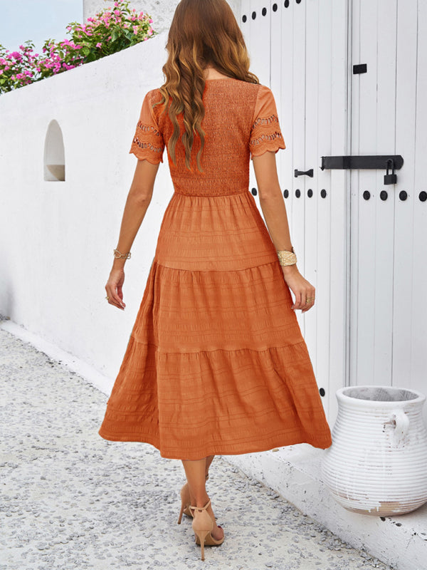 Neues einfarbiges Kurzarmkleid mit V-Ausschnitt 