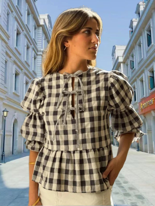 Modisches, einfarbiges, süßes Shirt-Top mit Rundhalsausschnitt, Bindeband, Puffärmeln und Taillenbund 
