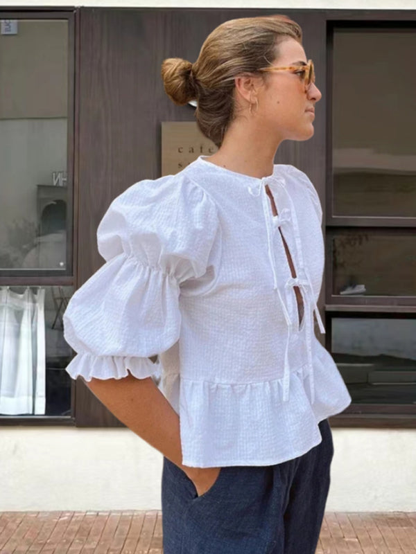 Modisches, einfarbiges, süßes Shirt-Top mit Rundhalsausschnitt, Bindeband, Puffärmeln und Taillenbund 