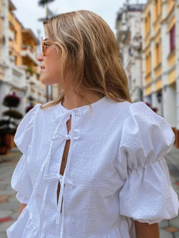 Modisches, einfarbiges, süßes Shirt-Top mit Rundhalsausschnitt, Bindeband, Puffärmeln und Taillenbund 