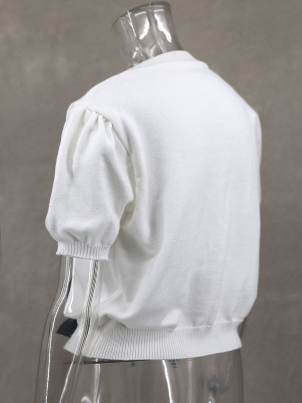 Pull neuf à col V, manches courtes, personnalisé avec double nœud, couleur unie 