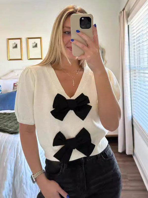 Pull neuf à col V, manches courtes, personnalisé avec double nœud, couleur unie 