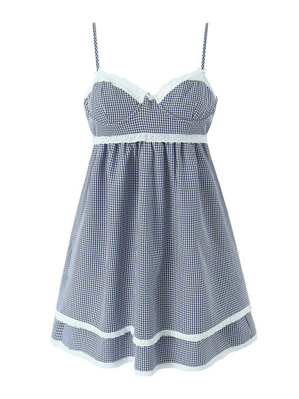 Neues, modisches Spitzenkleid mit Karomuster und Trägern 