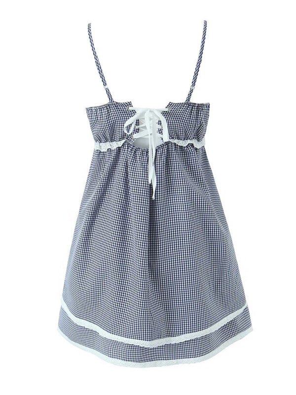 Neues, modisches Spitzenkleid mit Karomuster und Trägern 