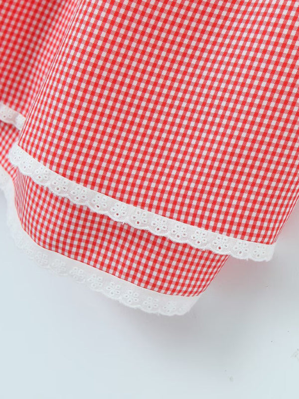 Neues, modisches Spitzenkleid mit Karomuster und Trägern 