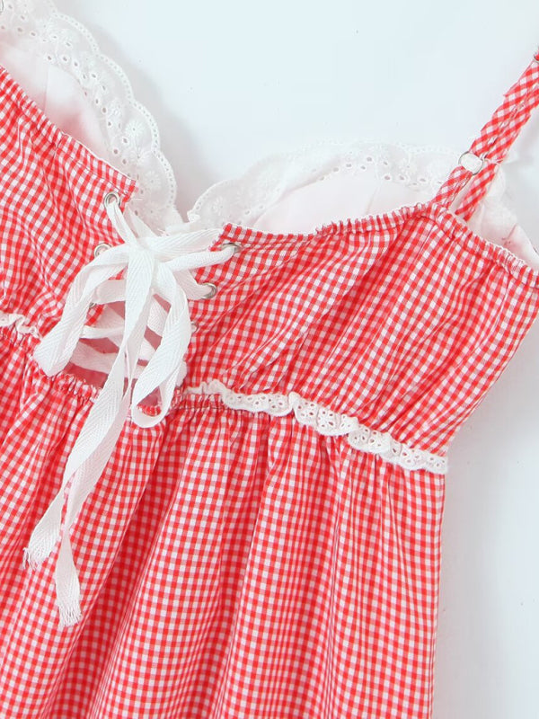 Neues, modisches Spitzenkleid mit Karomuster und Trägern 