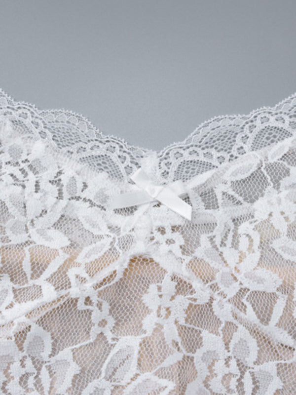 Neues, sexy, durchsichtiges Spitzenkleid mit hohlen Trägern und hüftbedeckendem kurzem Schnitt 