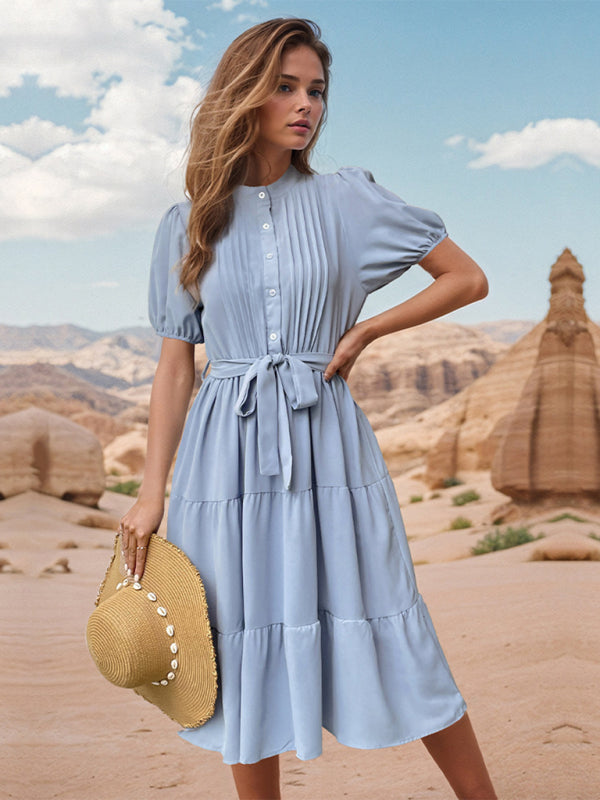 Damen-Midikleid mit Stehkragen, Falten, kurzen Ärmeln und Schnürung, ideal für Pendler 